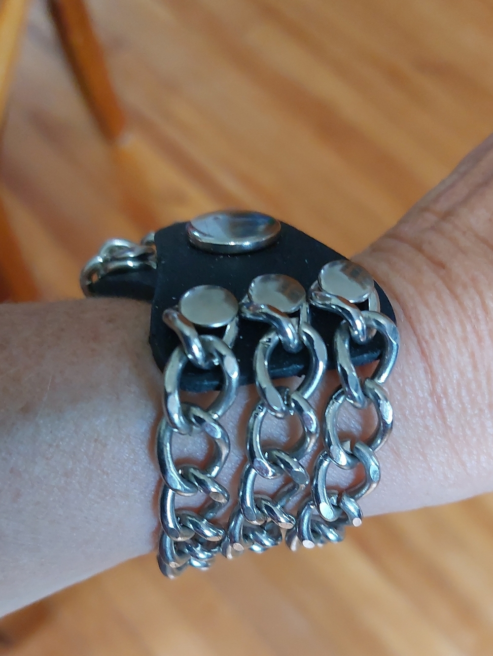 Chunky Biker Gothic Silver Chain Black PU Leather Bracelet Snap 7.5